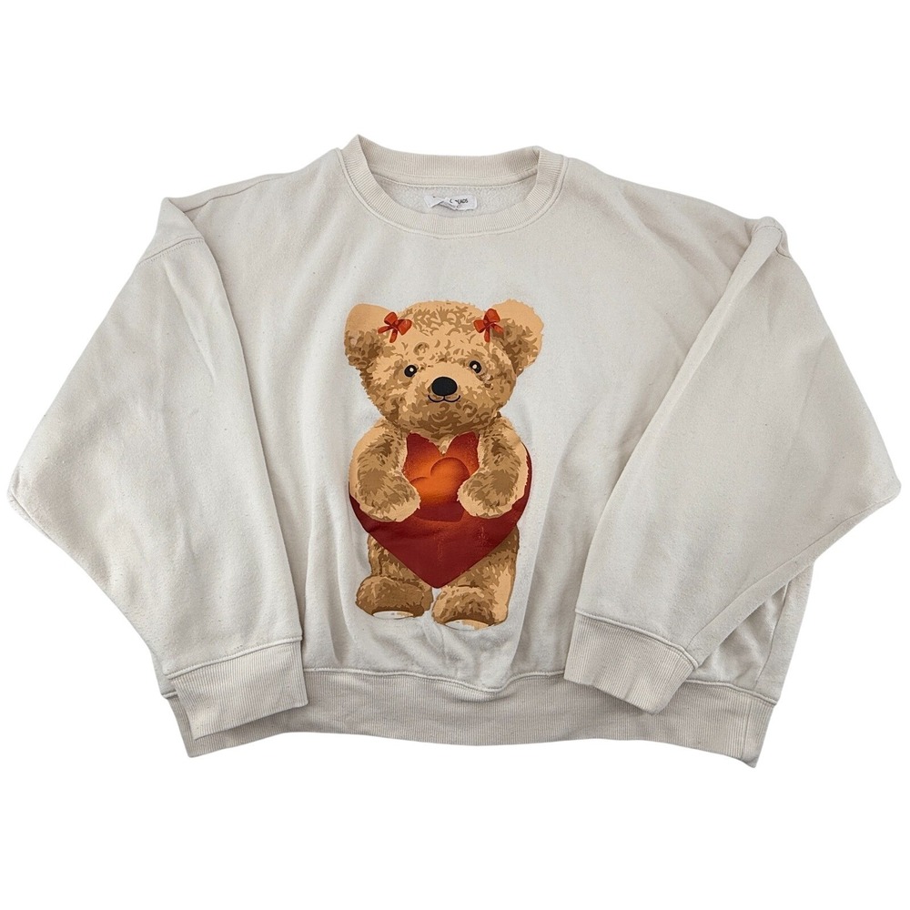 Grayson Thread Teddy Bear Heart‎ Graphic Sweatshirt Womens Large Cream Pullover